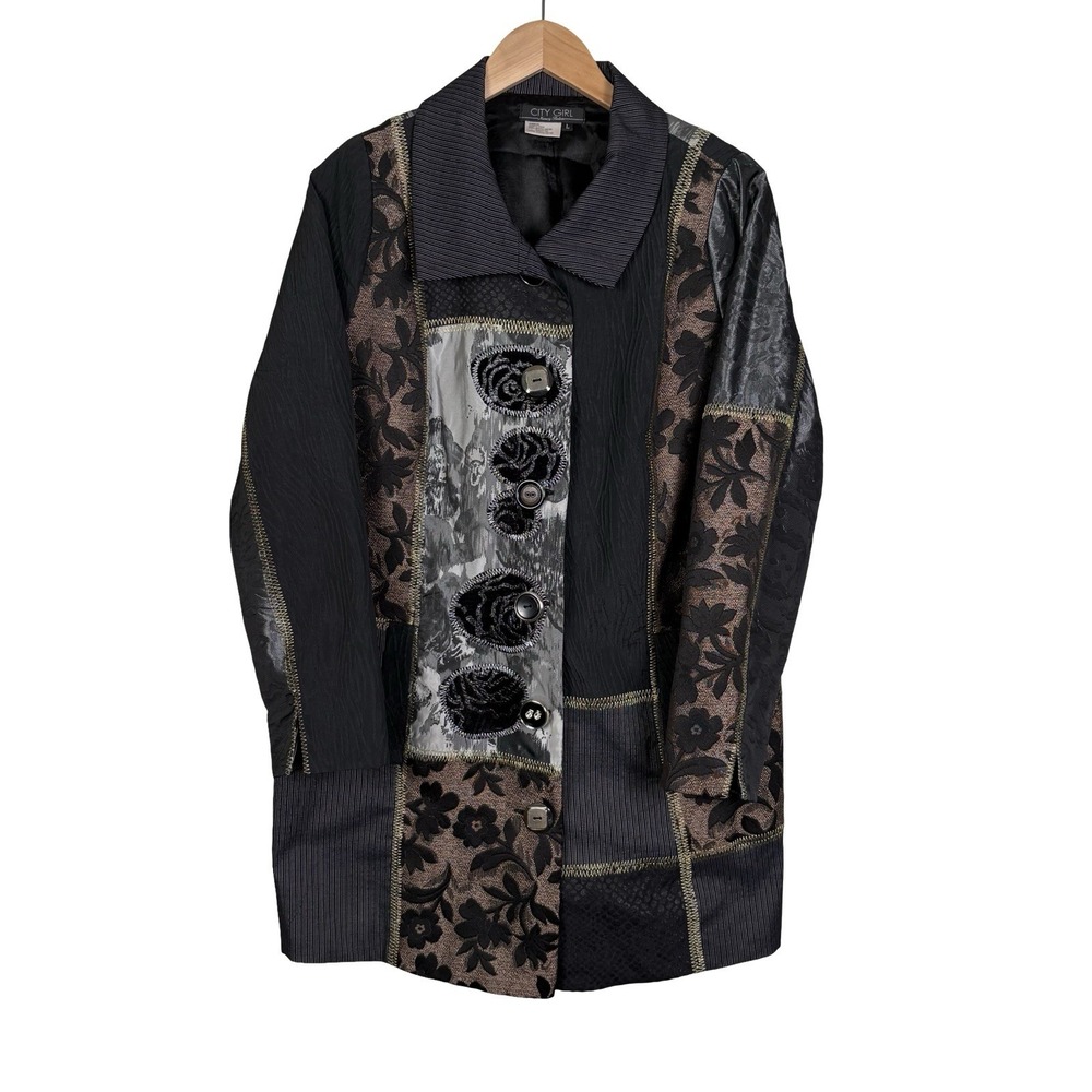CITY GIRL Nancy Bolen Patchwork Jacket Size L Black Embellished Long Blazer‎